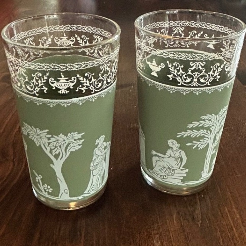 Vintage Greek Neoclassical Tumbler Set Green Cameo Glasses Jasperware Style 90s